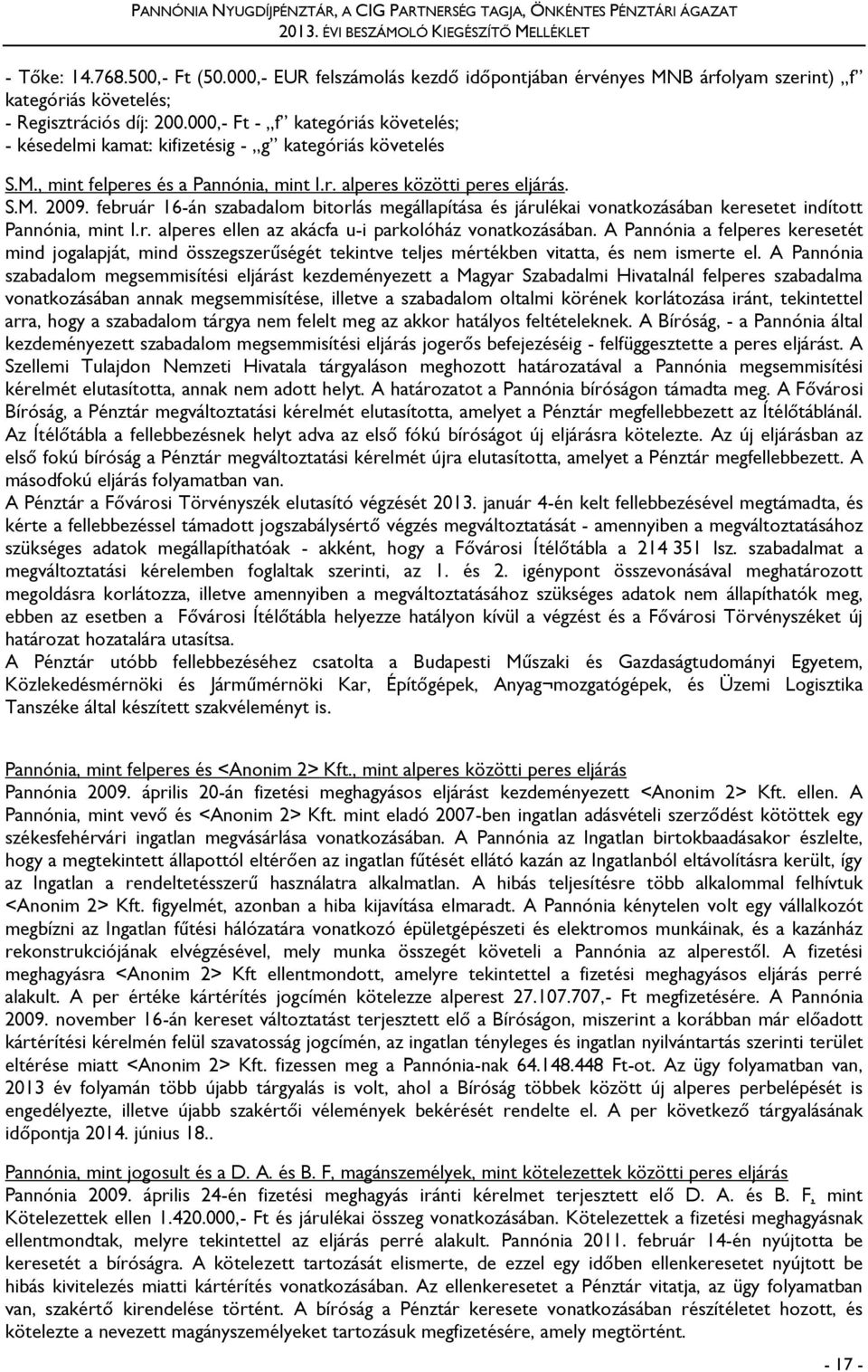 000,- Ft - f kategóriás követelés; - késedelmi kamat: kifizetésig - g kategóriás követelés S.M., mint felperes és a Pannónia, mint I.r. alperes közötti peres eljárás. S.M. 2009.