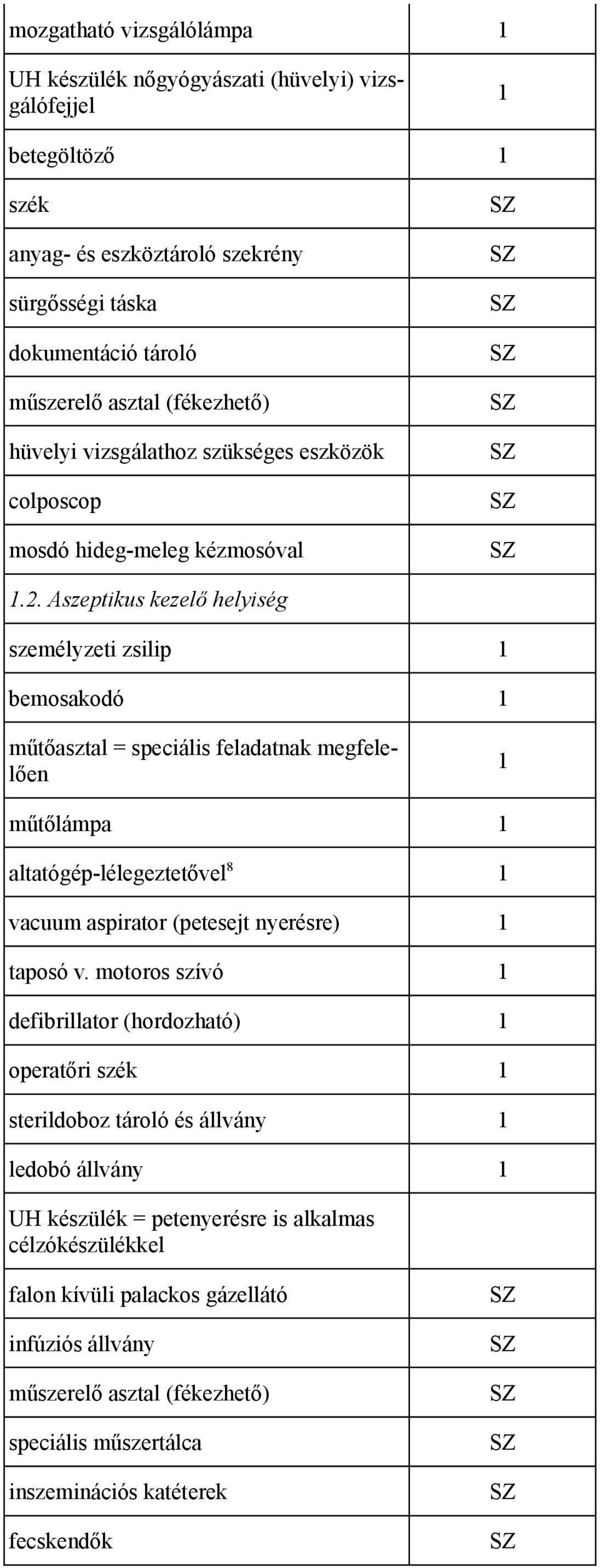 Aszeptikus kezelő helyiség személyzeti zsilip 1 bemosakodó 1 műtőasztal = speciális feladatnak megfelelően 1 műtőlámpa 1 altatógép-lélegeztetővel 8 1 vacuum aspirator (petesejt nyerésre) 1 taposó