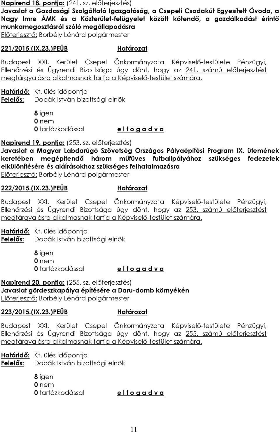 szóló megállapodásra 221/2015.(IX.23.)PEÜB Ellenőrzési és Ügyrendi Bizottsága úgy dönt, hogy az 241. számú előterjesztést Napirend 19. pontja: (253. sz. előterjesztés) Javaslat a Magyar Labdarúgó Szövetség Országos Pályaépítési Program IX.