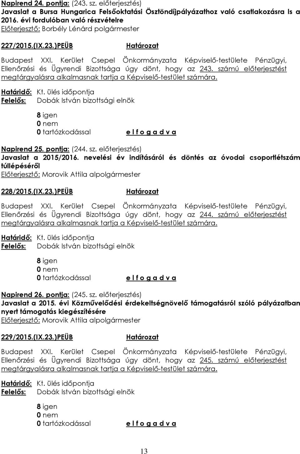 nevelési év indításáról és döntés az óvodai csoportlétszám túllépéséről Előterjesztő: Morovik Attila alpolgármester 228/2015.(IX.23.)PEÜB Ellenőrzési és Ügyrendi Bizottsága úgy dönt, hogy az 244.