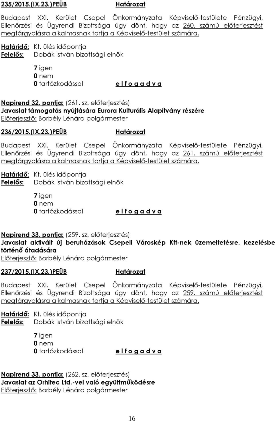 /2015.(IX.23.)PEÜB Ellenőrzési és Ügyrendi Bizottsága úgy dönt, hogy az 261. szá