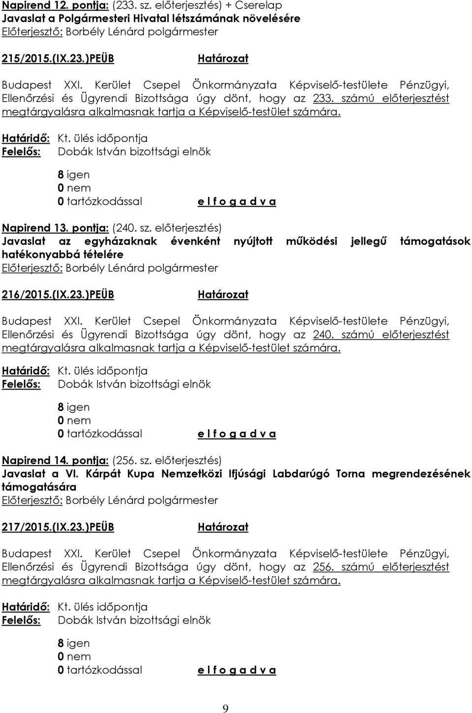 23.)PEÜB Ellenőrzési és Ügyrendi Bizottsága úgy dönt, hogy az 240. számú előterjesztést Napirend 14. pontja: (256. sz. előterjesztés) Javaslat a VI.