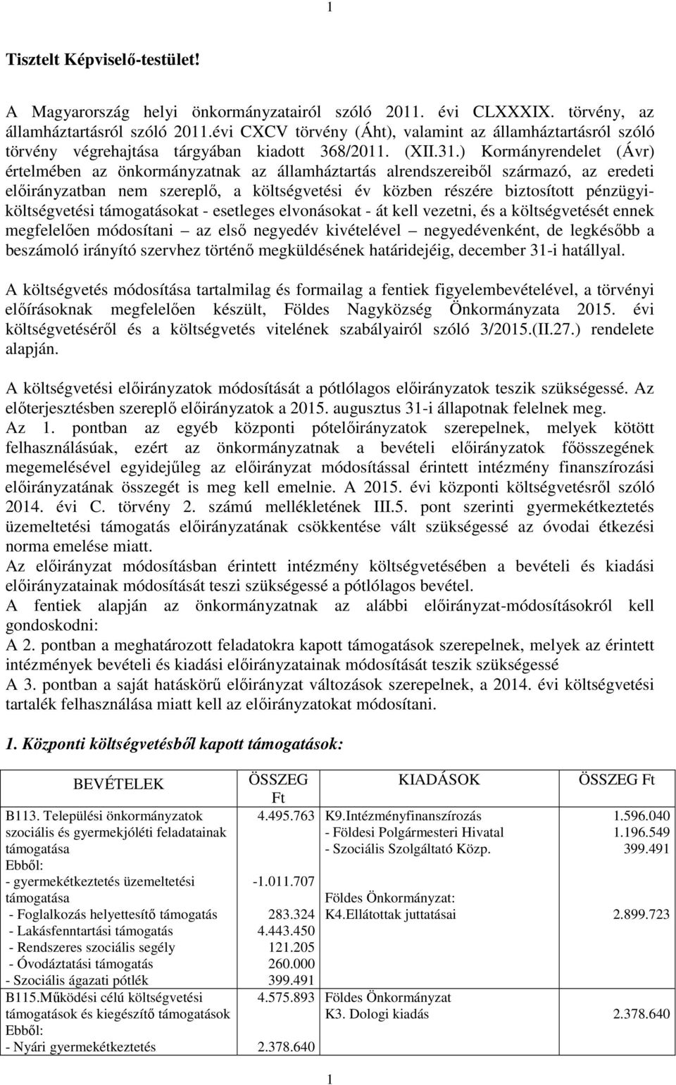 ) Kormányrendelet (Ávr) értelmében az önkormányzatnak az államháztartás alrendszereiből származó, az eredeti előirányzatban nem szereplő, a költségvetési év közben részére biztosított