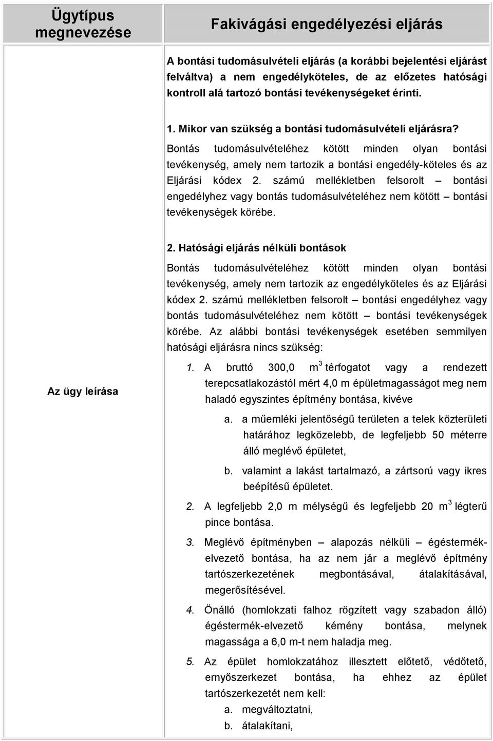 Bontás tudomásulvételéhez kötött minden olyan bontási tevékenység, amely nem tartozik a bontási engedély-köteles és az Eljárási kódex 2.