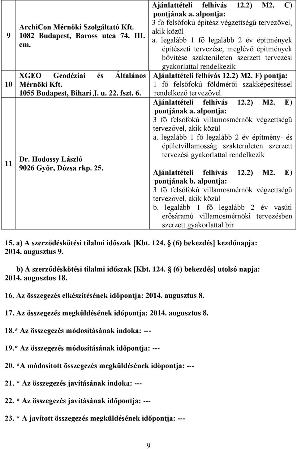 legalább 1 fő legalább 2 év építmények építészeti tervezése, meglévő építmények bővítése szakterületen szerzett tervezési Ajánlattételi felhívás 12.2) M2.