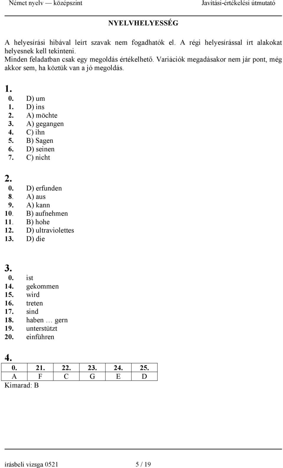 A) möchte 3. A) gegangen 4. C) ihn 5. B) Sagen 6. D) seinen 7. C) nicht 2. 0. D) erfunden 8. A) aus 9. A) kann 10. B) aufnehmen 11. B) hohe 12.