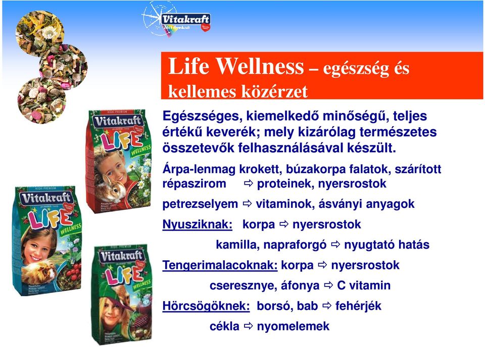 Árpa-lenmag krokett, búzakorpa falatok, szárított répaszirom proteinek, nyersrostok petrezselyem vitaminok, ásványi