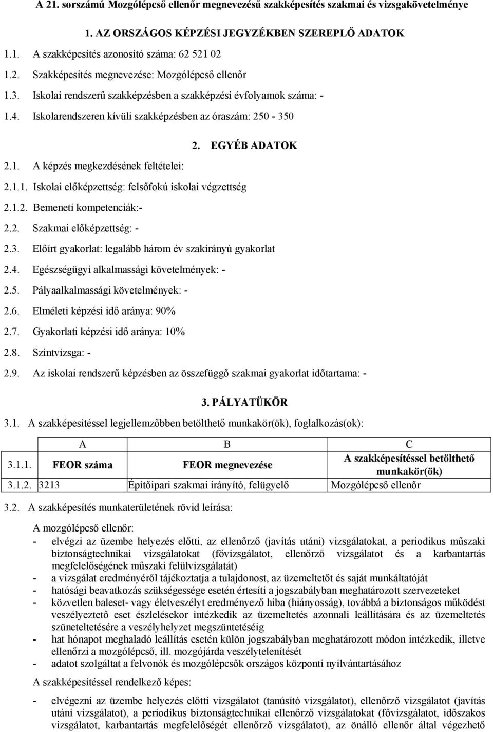 1.2. Bemeneti kompetenciák:- 2.2. Szakmai előképzettség: - 2.3. Előírt gyakorlat: legalább három év szakirányú gyakorlat 2.4. Egészségügyi alkalmassági követelmények: - 2.5.