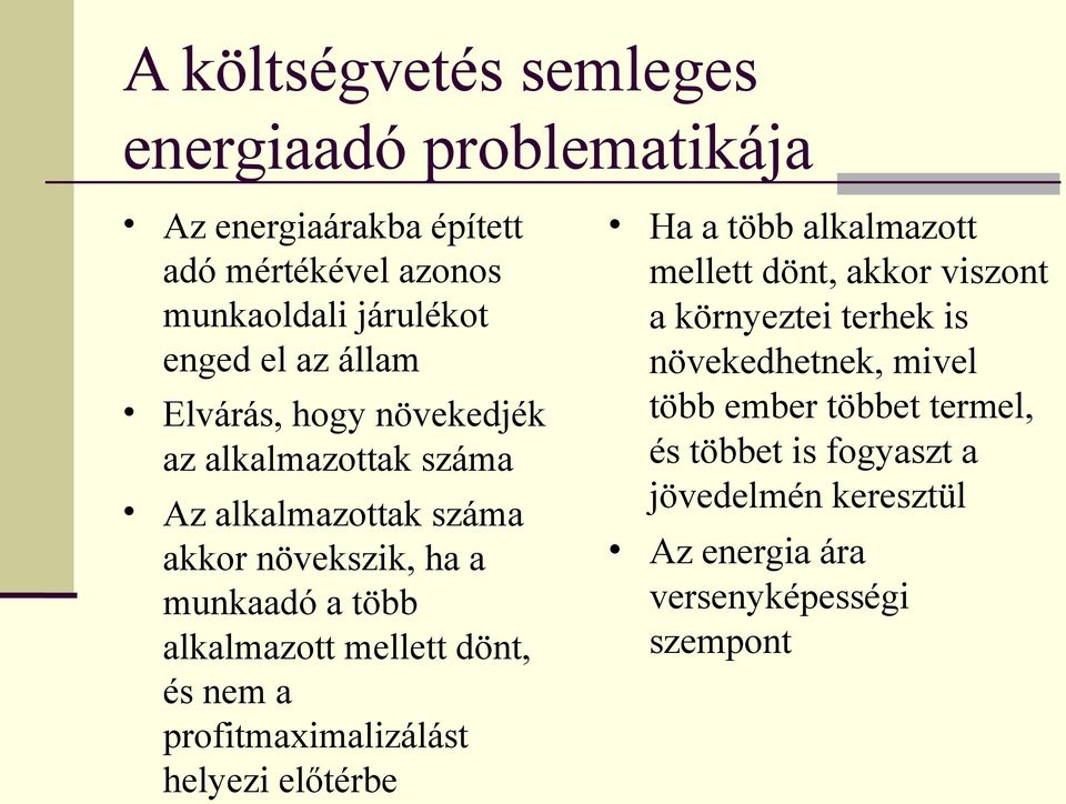mellett dönt, és nem a profitmaximalizálást helyezi előtérbe Ha a több alkalmazott mellett dönt, akkor viszont a környeztei terhek