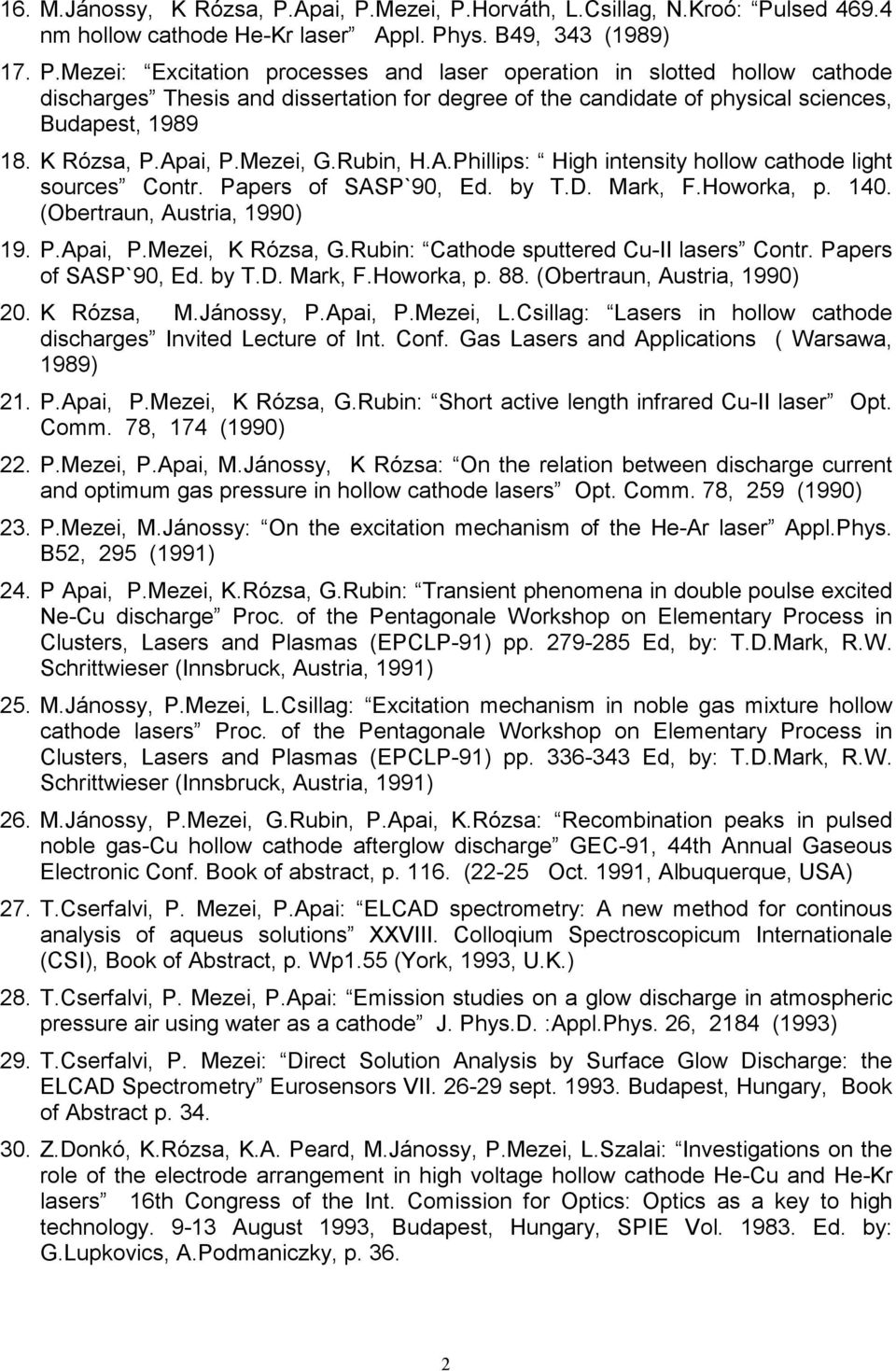 K Rózsa, P.Apai, P.Mezei, G.Rubin, H.A.Phillips: High intensity hollow cathode light sources Contr. Papers of SASP`90, Ed. by T.D. Mark, F.Howorka, p. 140. (Obertraun, Austria, 1990) 19. P.Apai, P.Mezei, K Rózsa, G.