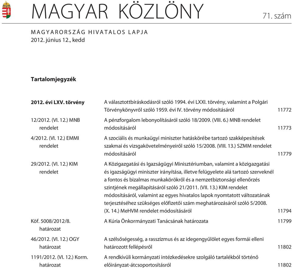 5008/2012/8. határozat 46/2012. (VI. 12.) OGY határozat 1191/2012. (VI. 12.) Korm. határozat A pénzforgalom lebonyolításáról szóló 18/2009. (VIII. 6.