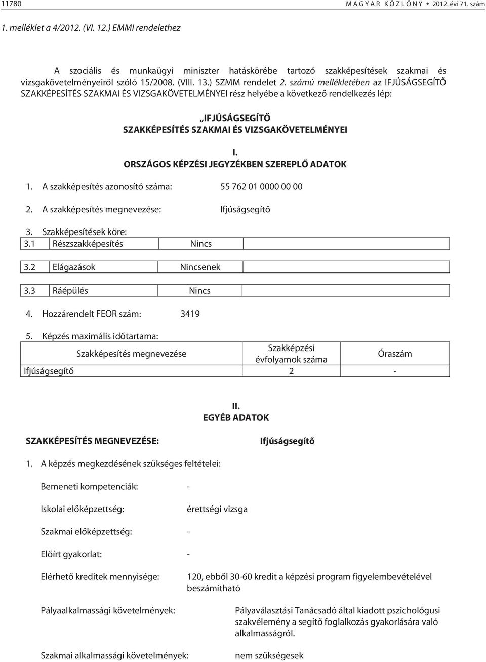számú mellékletében az IFJÚSÁGSEGÍTŐ SZAKKÉPESÍTÉS SZAKMAI ÉS VIZSGAKÖVETELMÉNYEI rész helyébe a következő rendelkezés lép: IFJÚSÁGSEGÍTŐ SZAKKÉPESÍTÉS SZAKMAI ÉS VIZSGAKÖVETELMÉNYEI I.