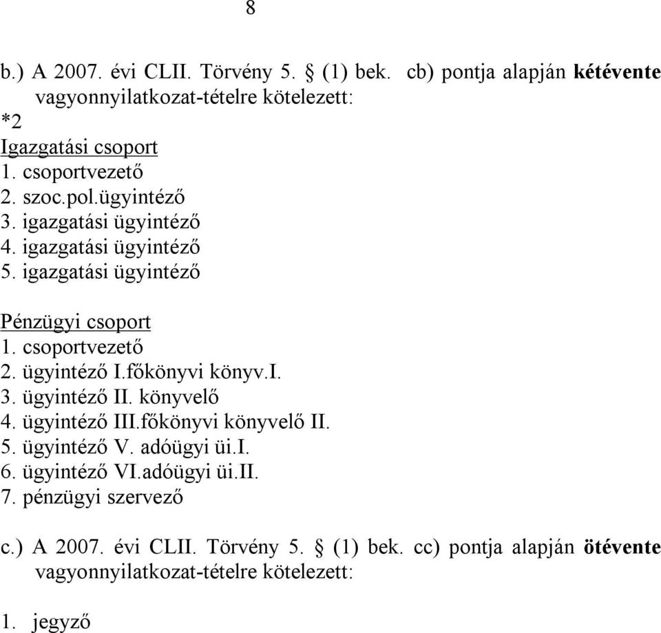 ügyintéző I.főkönyvi könyv.i. 3. ügyintéző II. könyvelő 4. ügyintéző III.főkönyvi könyvelő II. 5. ügyintéző V. adóügyi üi.i. 6. ügyintéző VI.