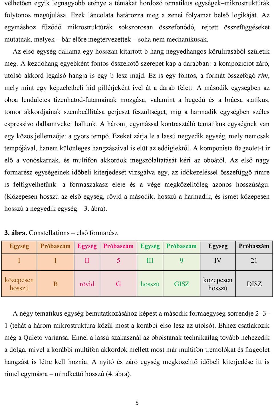 Az első egység dallama egy hosszan kitartott b hang negyedhangos körülírásából születik meg.