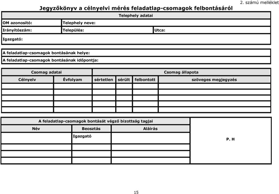 bontásának helye: A feladatlap-csomagok bontásának időpontja: Csomag adatai Csomag állapota Célnyelv Évfolyam