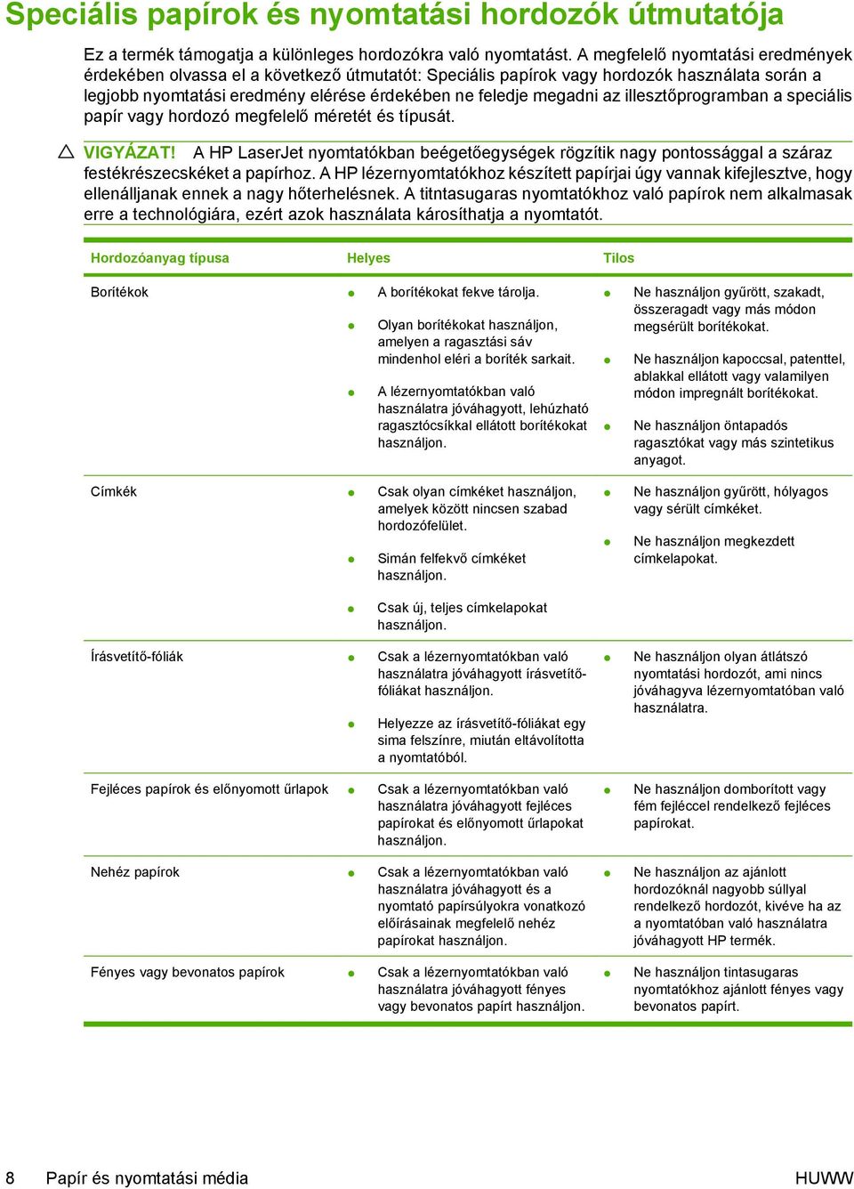 illesztőprogramban a speciális papír vagy hordozó megfelelő méretét és típusát. VIGYÁZAT! A HP LaserJet nyomtatókban beégetőegységek rögzítik nagy pontossággal a száraz festékrészecskéket a papírhoz.