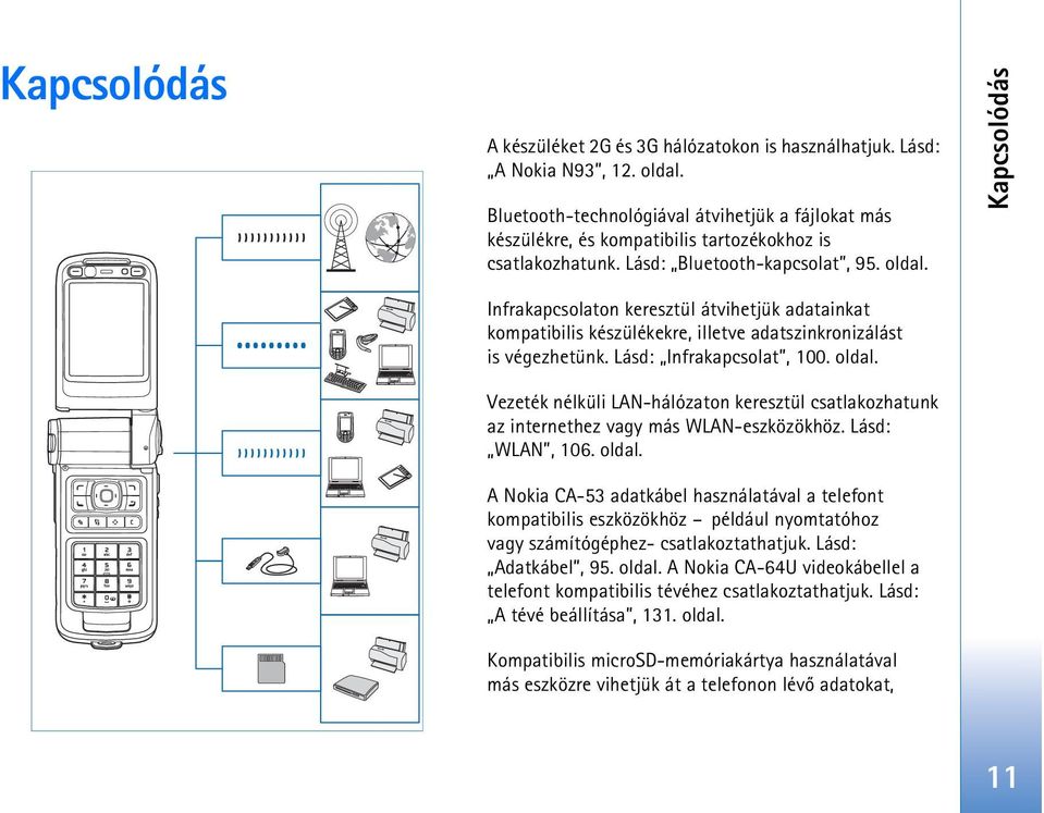 Kapcsolódás Infrakapcsolaton keresztül átvihetjük adatainkat kompatibilis készülékekre, illetve adatszinkronizálást is végezhetünk. Lásd: Infrakapcsolat, 100. oldal.