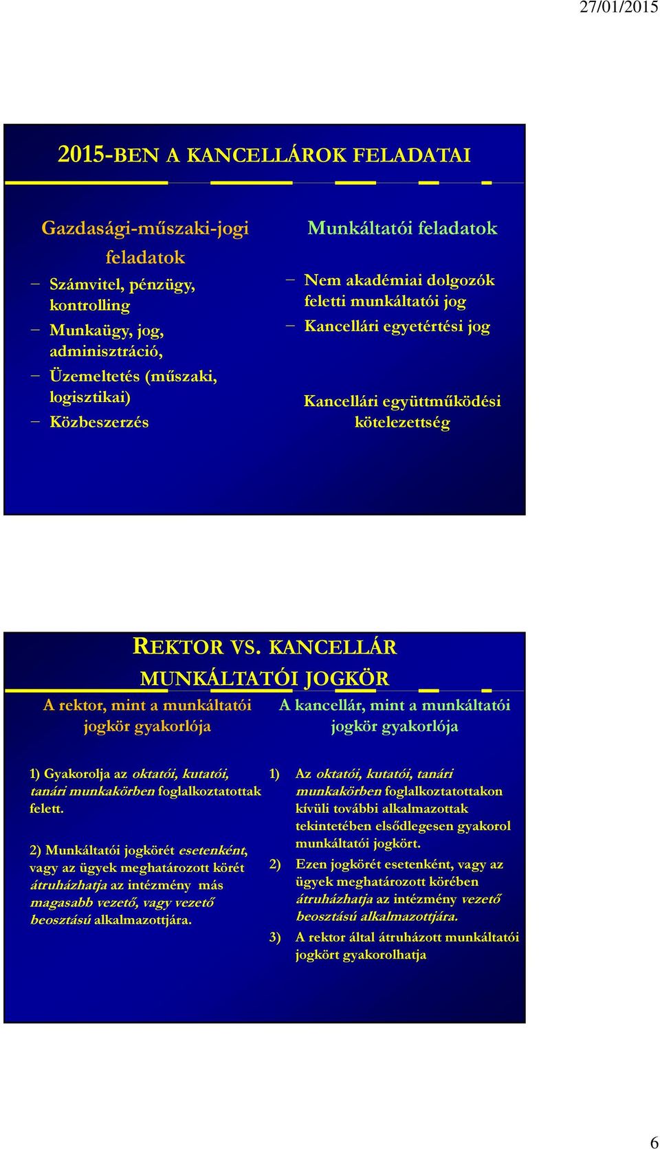 KANCELLÁR MUNKÁLTATÓI JOGKÖR A rektor, mint a munkáltatói jogkör gyakorlója A kancellár, mint a munkáltatói jogkör gyakorlója 1) Gyakorolja az oktatói, kutatói, tanári munkakörben foglalkoztatottak