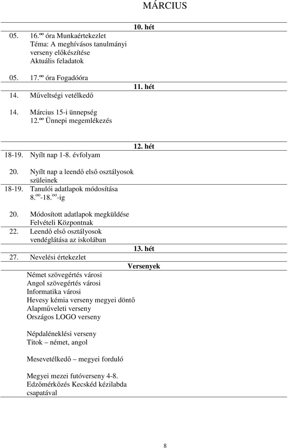 Módosított adatlapok megküldése Felvételi Központnak 22. Leendő első osztályosok vendéglátása az iskolában 13. hét 27.