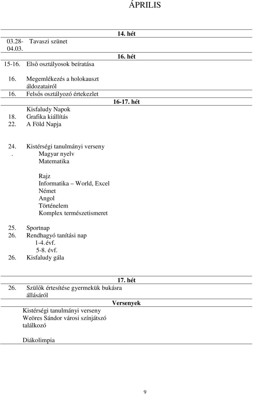 Magyar nyelv Matematika Rajz Informatika World, Excel Német Angol Történelem Komplex természetismeret 25. 26. 26. Sportnap Rendhagyó tanítási nap 1-4.