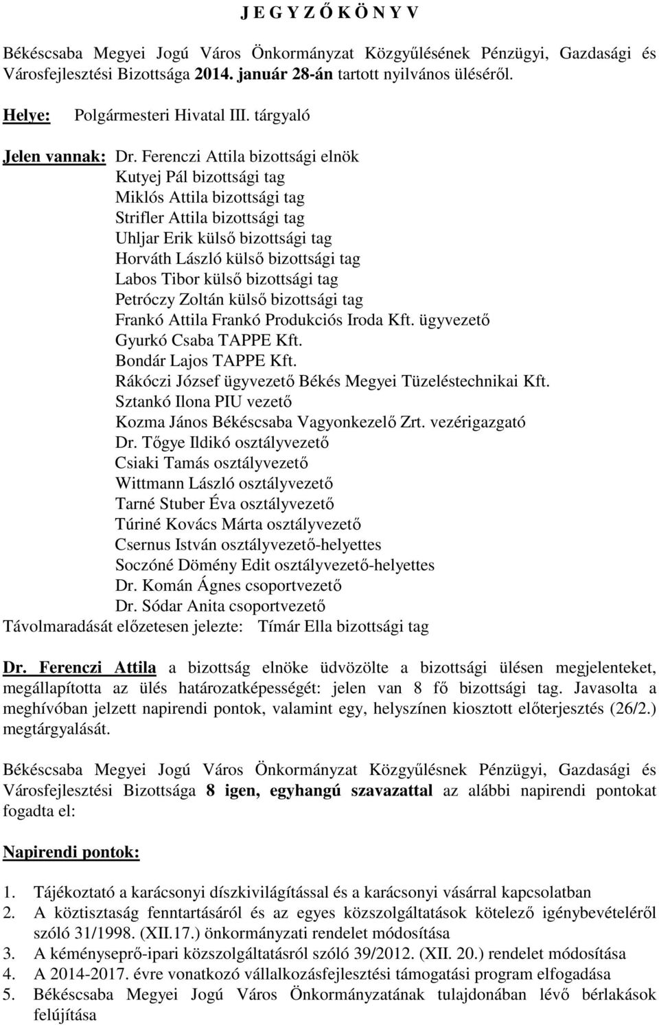 külső bizottsági tag Petróczy Zoltán külső bizottsági tag Frankó Attila Frankó Produkciós Iroda Kft. ügyvezető Gyurkó Csaba TAPPE Kft. Bondár Lajos TAPPE Kft.