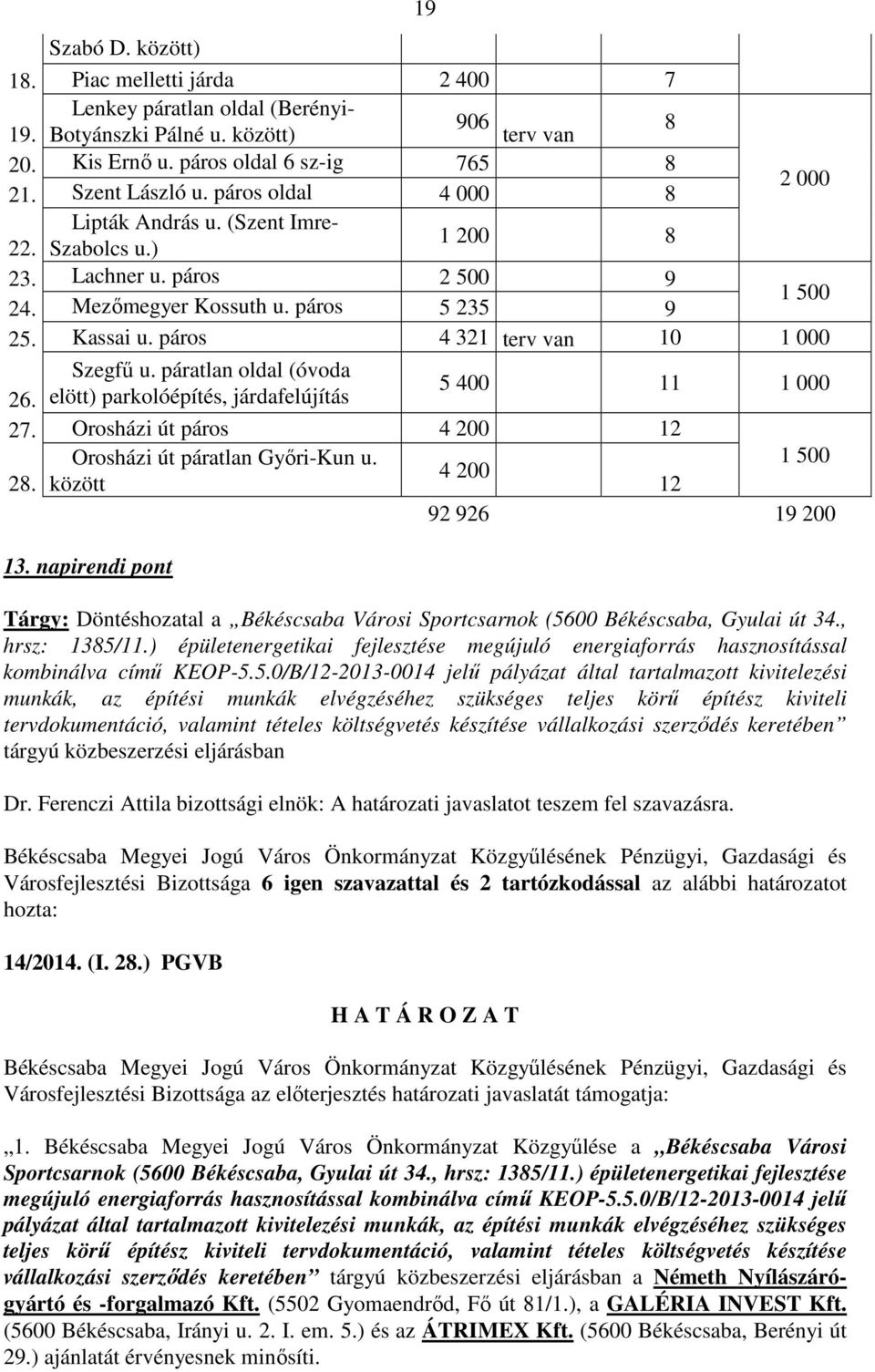 páros 4 321 terv van 10 1 000 Szegfű u. páratlan oldal (óvoda 5 400 11 1 000 26. elött) parkolóépítés, járdafelújítás 27. Orosházi út páros 4 200 12 Orosházi út páratlan Győri-Kun u. 1 500 4 200 28.