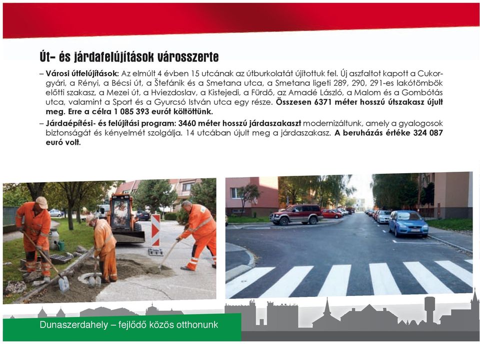 Fürdő, az Amadé László, a Malom és a Gombótás utca, valamint a Sport és a Gyurcsó István utca egy része. Összesen 6371 méter hosszú útszakasz újult meg.