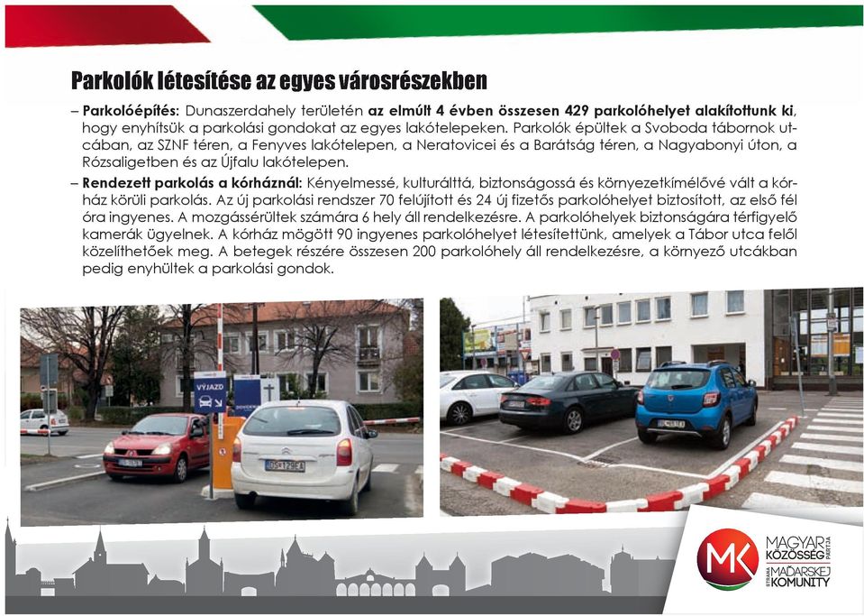 Parkolók épültek a Svoboda tábornok utcában, az SZNF téren, a Fenyves lakótelepen, a Neratovicei és a Barátság téren, a Nagyabonyi úton, a Rózsaligetben és az Újfalu lakótelepen.