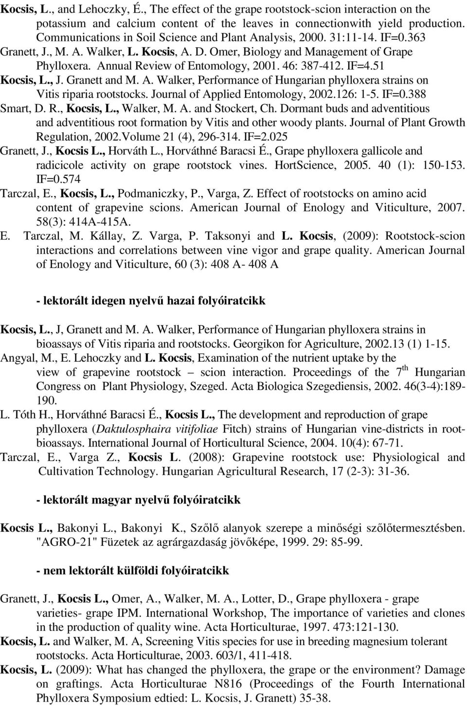 Annual Review of Entomology, 2001. 46: 387-412. IF=4.51 Kocsis, L., J. Granett and M. A. Walker, Performance of Hungarian phylloxera strains on Vitis riparia rootstocks.