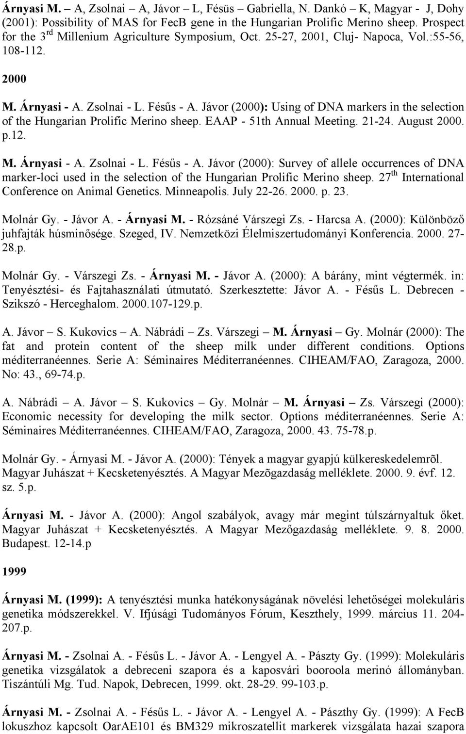 Jávor (2000): Using of DNA markers in the selection of the Hungarian Prolific Merino sheep. EAAP - 51th Annual Meeting. 21-24. August 2000. p.12. M. Árnyasi - A. Zsolnai - L. Fésűs - A.