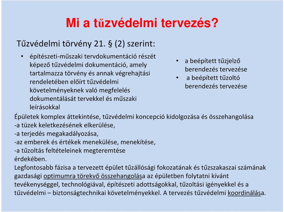 dokumentálását tervekkel és műszaki leírásokkal a beépített tűzjelző berendezés tervezése a beépített tűzoltó berendezés tervezése Épületek komplex áttekintése, tűzvédelmi koncepció kidolgozása és