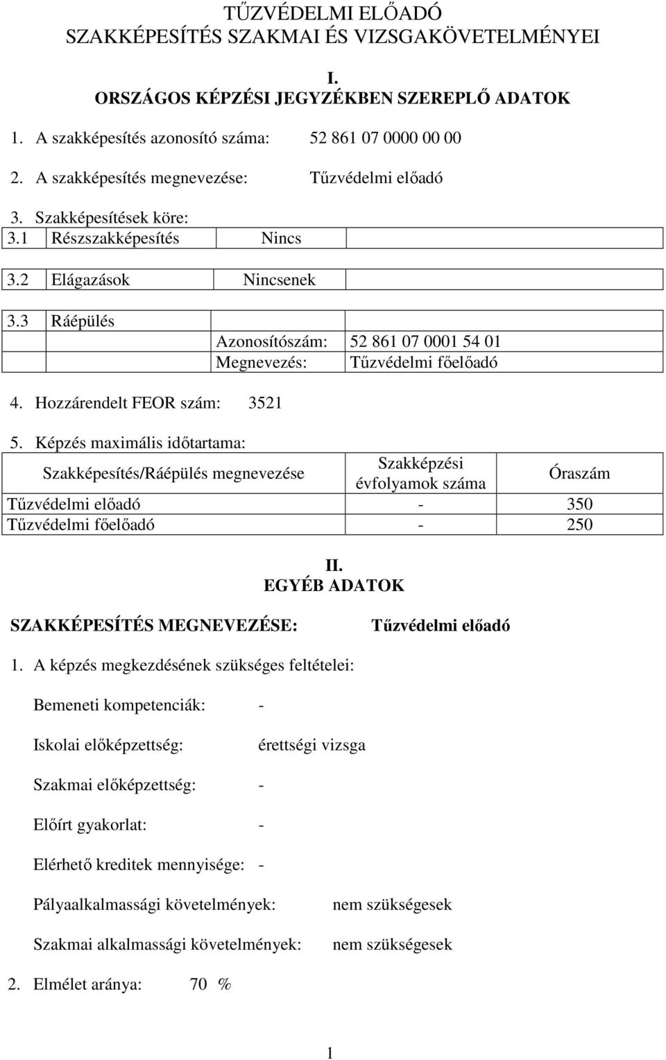 3 Ráépülés Azonosítószám: 52 861 07 0001 54 01 Megnevezés: Tűzvédelmi főelőadó 4. Hozzárendelt FOR szám: 3521 5.