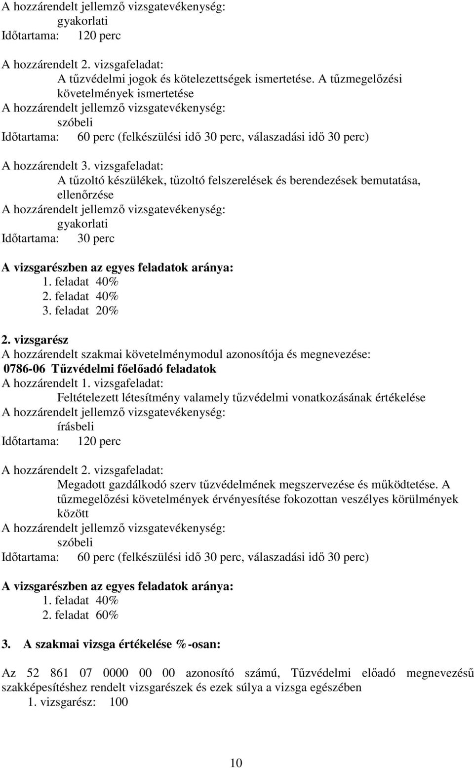 vizsgafeladat: A tűzoltó készülékek, tűzoltó felszerelések és berendezések bemutatása, ellenőrzése A hozzárendelt jellemző vizsgatevékenység: gyakorlati Időtartama: 30 perc A vizsgarészben az egyes