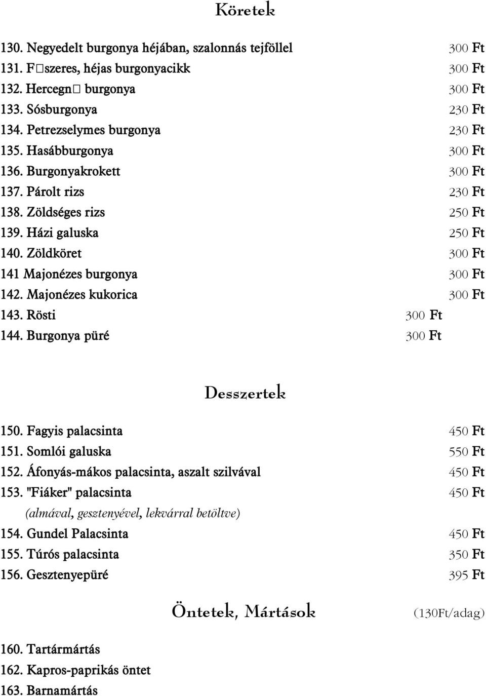 Zöldköret 300 Ft 141 Majonézes burgonya 300 Ft 142. Majonézes kukorica 300 Ft 143. Rösti 300 Ft 144. Burgonya püré 300 Ft Desszertek 150. Fagyis palacsinta 450 Ft 151. Somlói galuska 550 Ft 152.