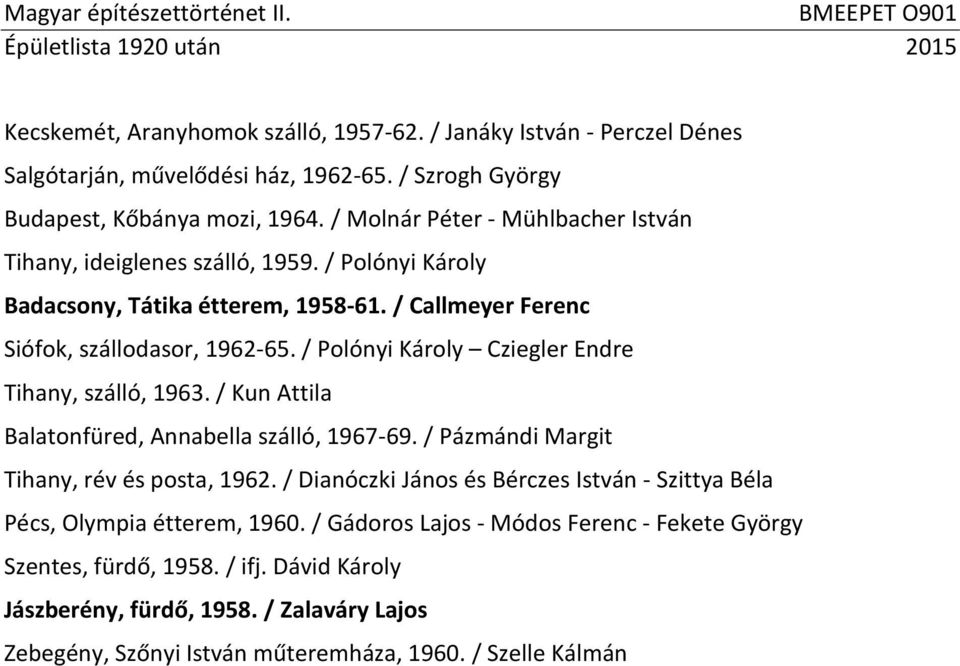 / Polónyi Károly Cziegler Endre Tihany, szálló, 1963. / Kun Attila Balatonfüred, Annabella szálló, 1967-69. / Pázmándi Margit Tihany, rév és posta, 1962.