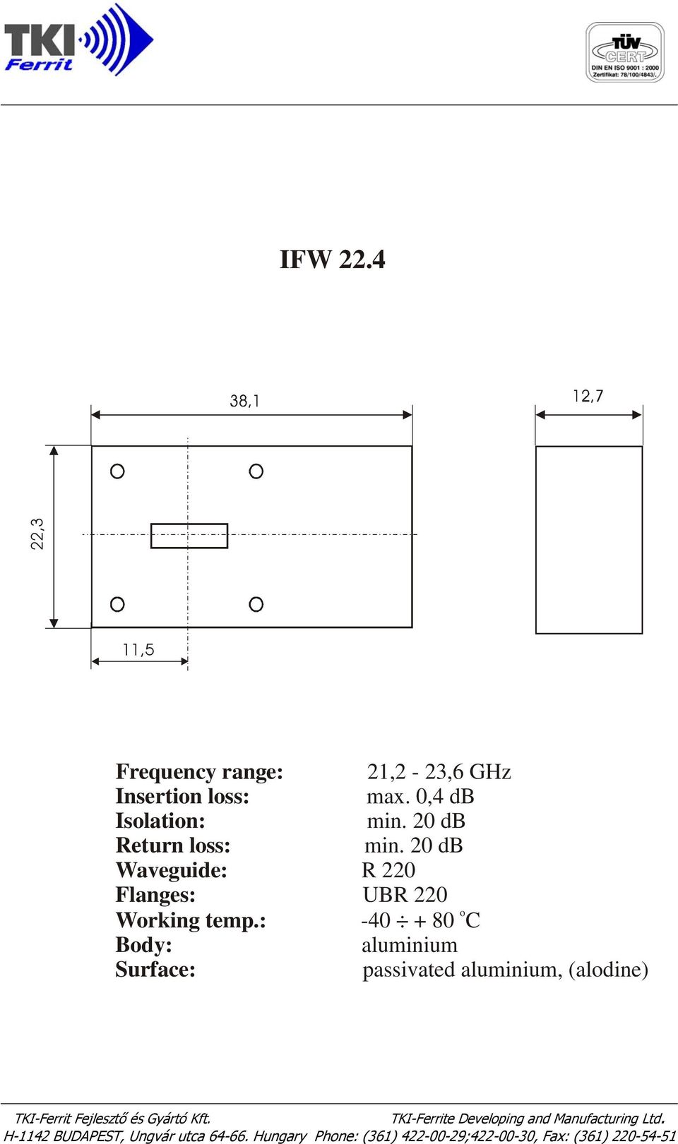 temp.: Bdy: Surface: 21,2-2,6 GHz max. 0,4 db min. 20 db min.