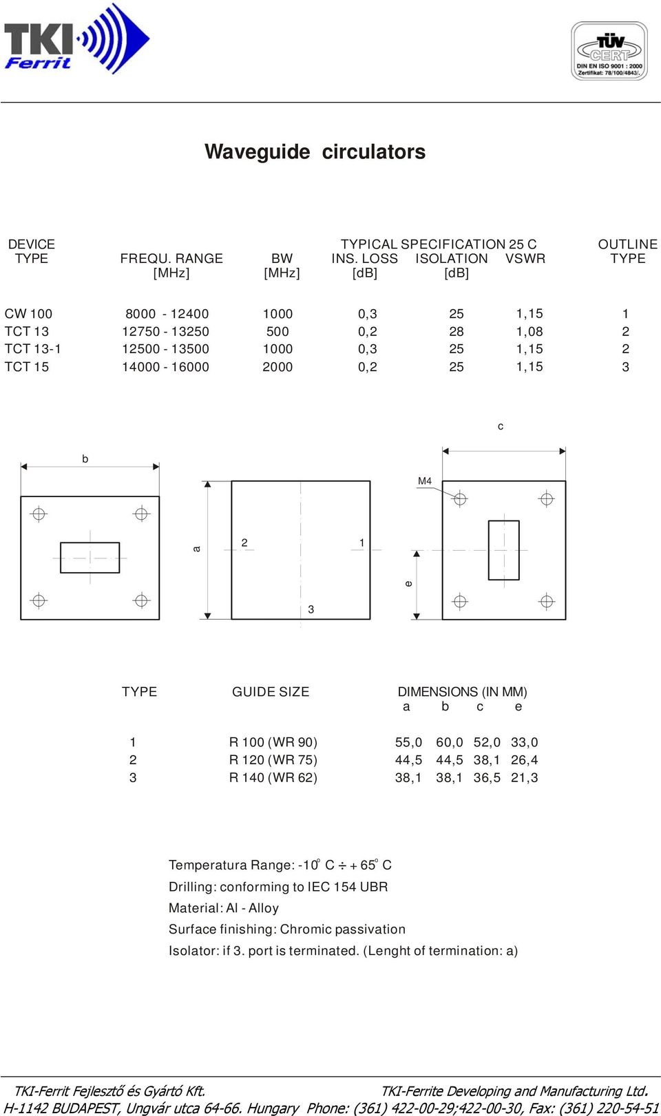 b M4 a e 2 1 TYPE GUIDE SIZE DIMENSIONS (IN MM) a b c e 1 2 R 100 (WR 90) R 120 (WR 75) R 140 (WR 62) 55,0 60,0 52,0,0 44,5 44,5 8,1 26,4 8,1 8,1 6,5 21, Temperatura Range: -10 C + 65 C