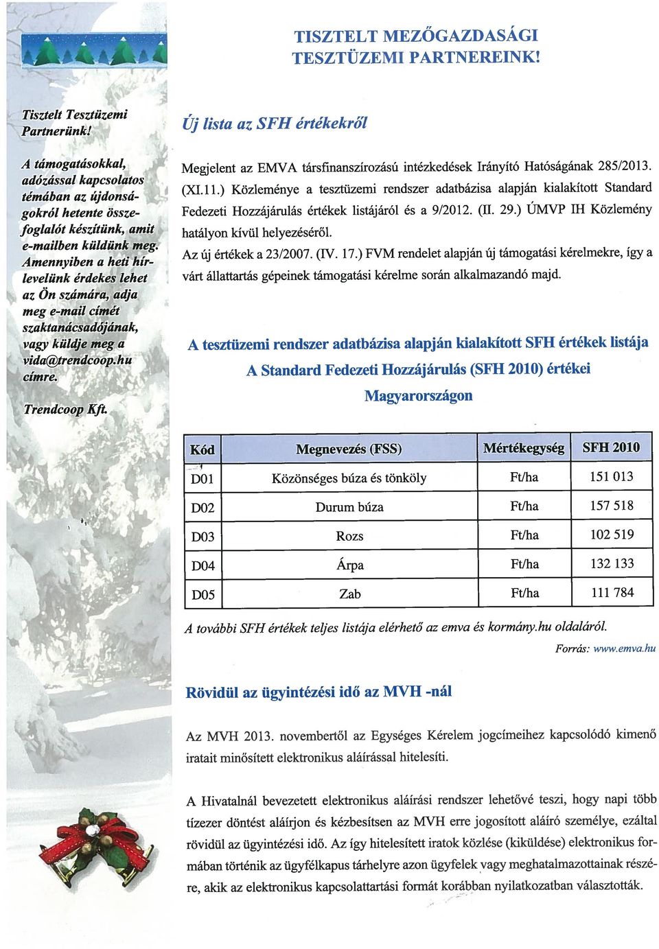 tesztüzemi rendszer adatbázisa alapján kialakított Standard gokról hetente Össze- Fedezeti Hozzájárulás értékek listáj áról és a 9/2012 (II 29) IJMVP IH Közlemény foglalót készítünk, amit hatályon