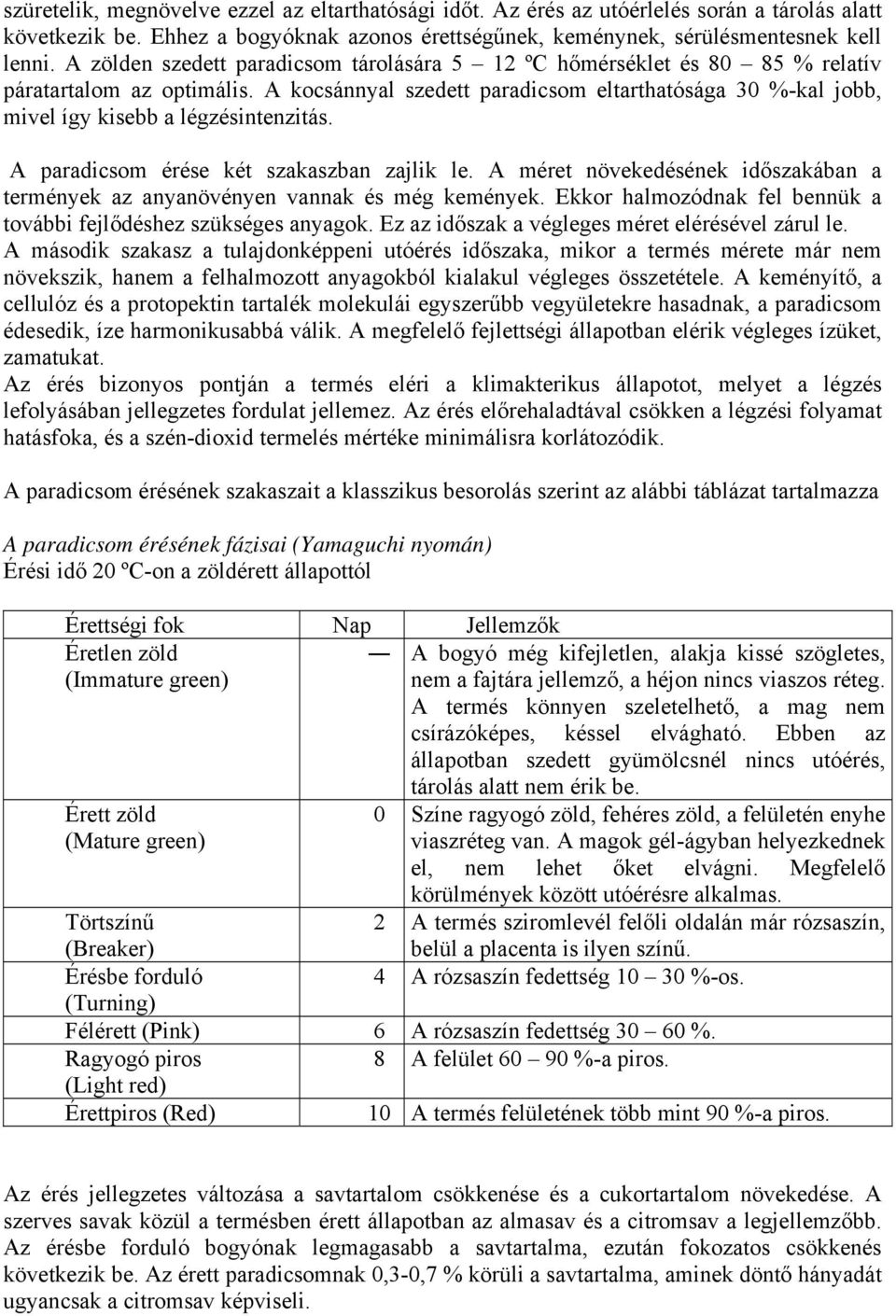 A kocsánnyal szedett paradicsom eltarthatósága 3 %-kal jobb, mivel így kisebb a légzésintenzitás. A paradicsom érése két szakaszban zajlik le.