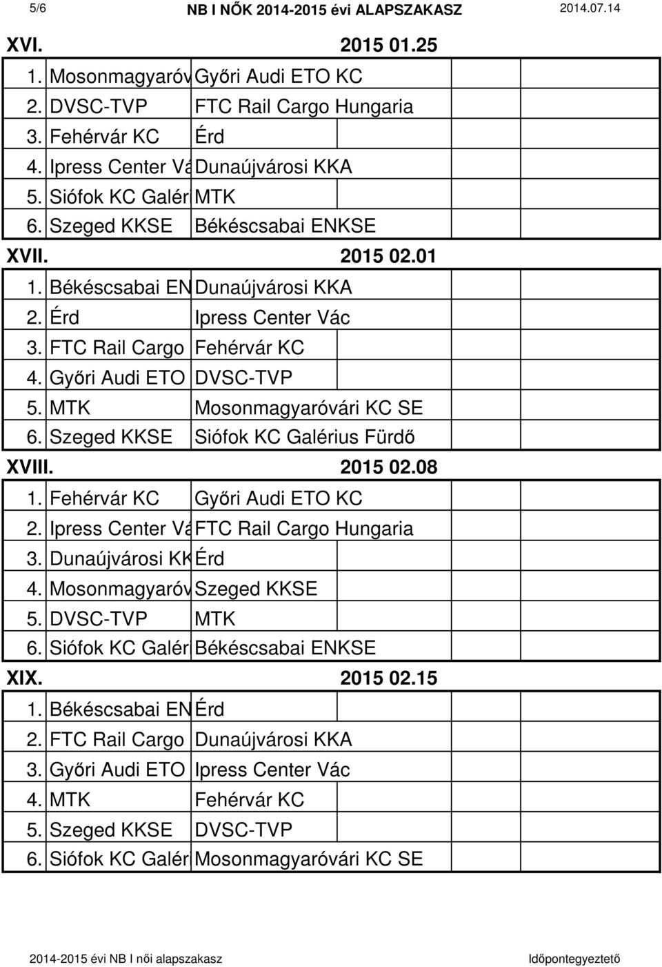 FTC Rail Cargo Hungaria Fehérvár KC 4. Győri Audi ETO KC DVSC-TVP 5. MTK Mosonmagyaróvári KC SE 6. Szeged KKSE Siófok KC Galérius Fürdő XVIII. 2015 02.08 1. Fehérvár KC Győri Audi ETO KC 2.