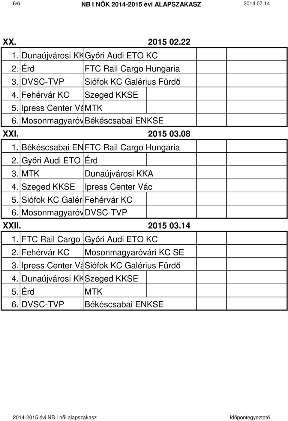 Győri Audi ETO KC Érd 3. MTK Dunaújvárosi KKA 4. Szeged KKSE Ipress Center Vác 5. Siófok KC Galérius Fehérvár Fürd KC 6. Mosonmagyaróvári DVSC-TVP KC SE XXII. 2015 03.14 1.