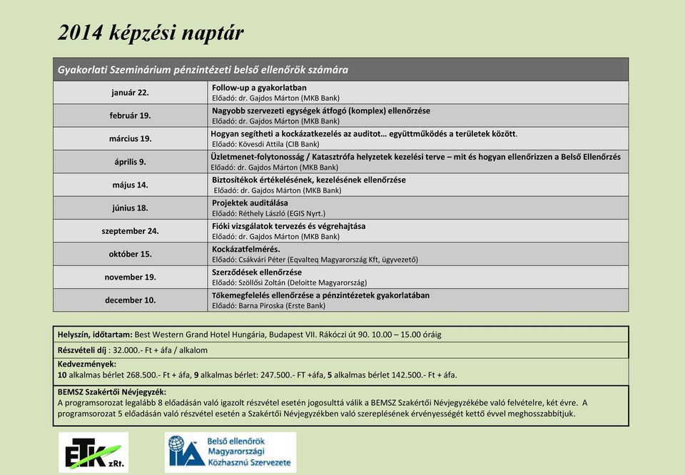 Előadó: Kövesdi Attila (CIB Bank) Üzletmenet-folytonosság / Katasztrófa helyzetek kezelési terve mit és hogyan ellenőrizzen a Belső Ellenőrzés Biztosítékok értékelésének, kezelésének ellenőrzése