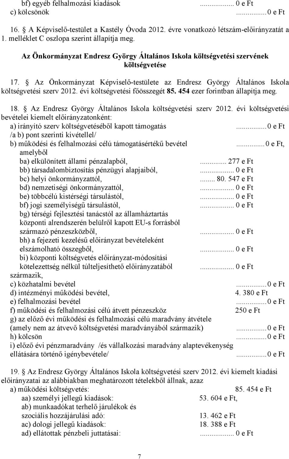 évi költségvetési főösszegét 85. 454 ezer forintban állapítja meg. 18. Az Endresz György Általános Iskola költségvetési szerv 2012.