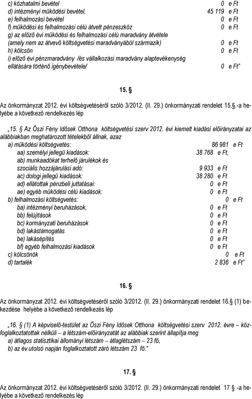Az önkormányzat 2012. évi költségvetéséről szóló 3/2012. (II. 29.) önkormányzati rendelet 15..-a helyébe 15. Az Őszi Fény Idősek Otthona költségvetési szerv 2012.