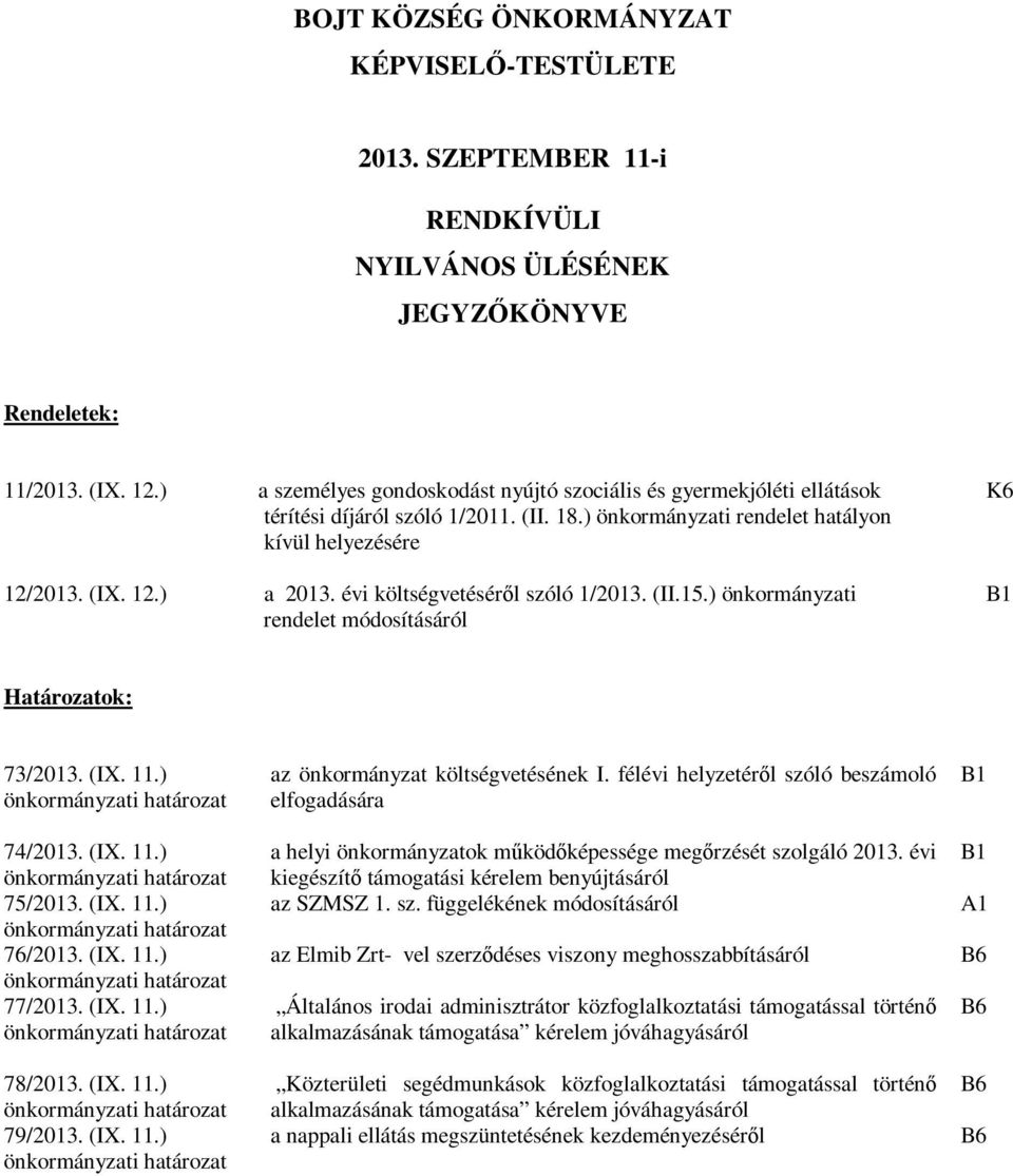 évi költségvetéséről szóló 1/2013. (II.15.) önkormányzati B1 rendelet módosításáról Határozatok: 73/2013. (IX. 11.) önkormányzati határozat 74/2013. (IX. 11.) önkormányzati határozat 75/2013. (IX. 11.) önkormányzati határozat 76/2013.