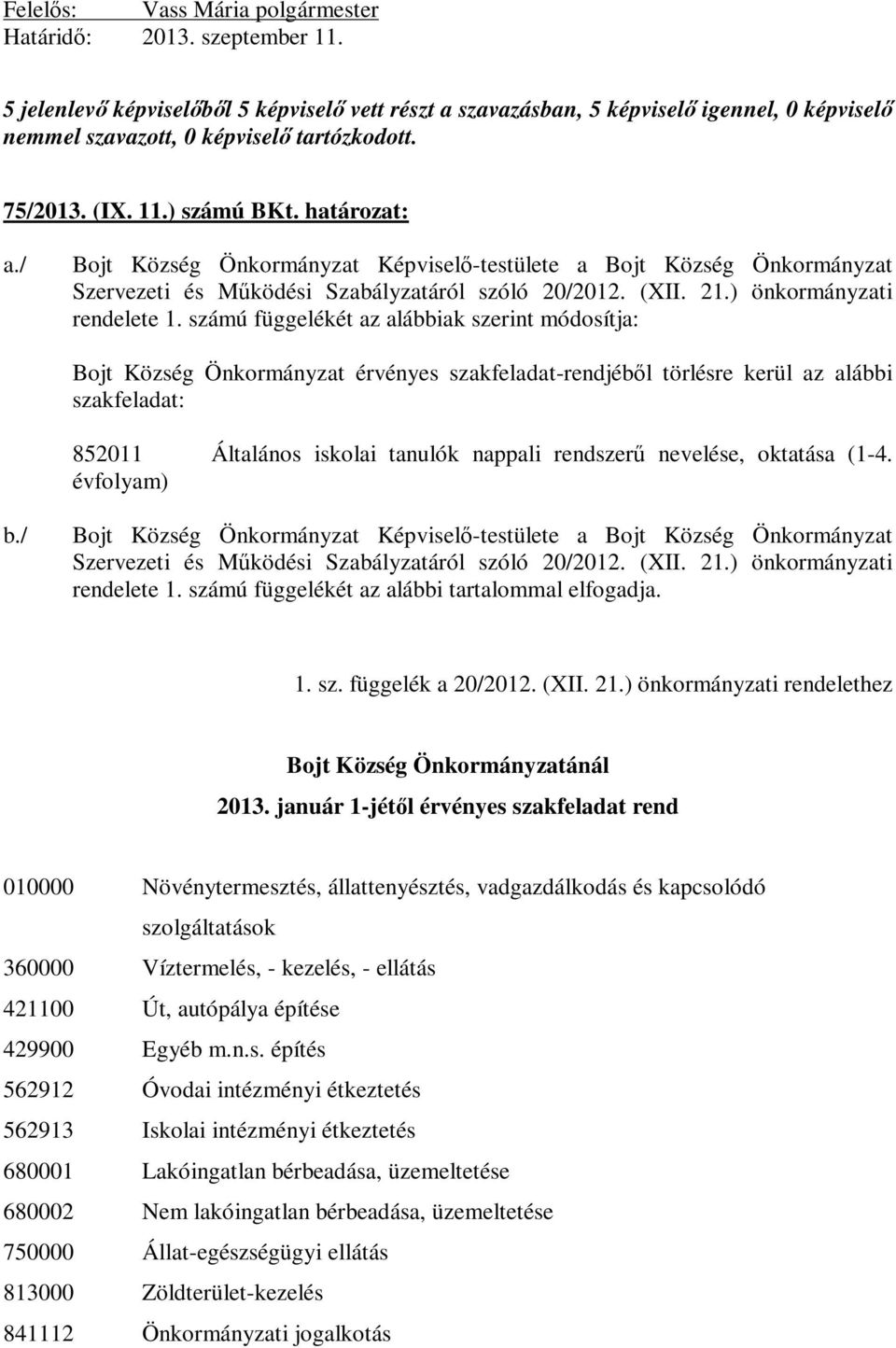 számú függelékét az alábbiak szerint módosítja: Bojt Község Önkormányzat érvényes szakfeladat-rendjéből törlésre kerül az alábbi szakfeladat: 852011 Általános iskolai tanulók nappali rendszerű