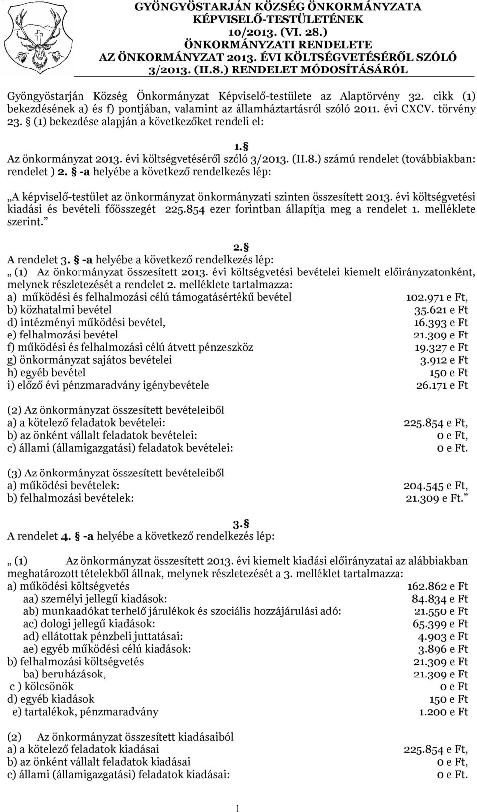 évi költségvetéséről szóló 3/213. (II.8.) számú rendelet (továbbiakban: rendelet ) 2.