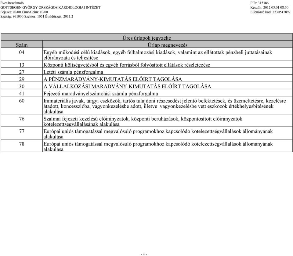 Fejezeti maradványelszámolási számla pénzforalma 60 Immateriális javak, táryi eszközök, tartós tulajdoni részesedést jelentő befektetések, és üzemeltetésre, kezelésre átadott, koncesszióba,