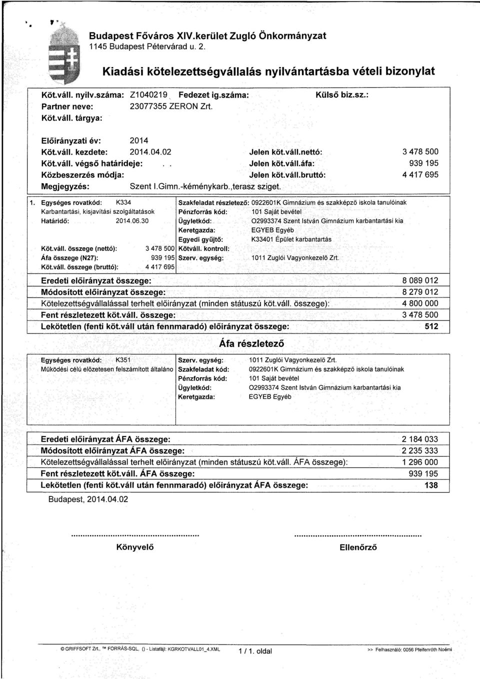 váll.bruttó: Megjegyzés: Szent I.Gimn.-kéménykarb.,terasz sziget. 3 478 500 939 195 4 417 695 1. Egységes rovatkód: K334 Karbantartási, kisjavítási szolgáltatások Határidő: 2014.06.30 Köt.váll. összege (nettó): 3 478 500 Afa összege (N27): 939 195 Köt.