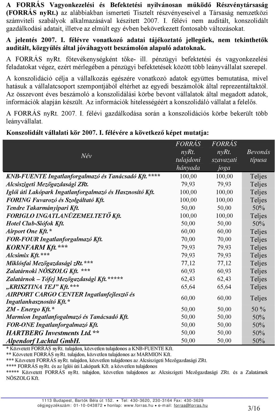 félévi nem auditált, konszolidált gazdálkodási adatait, illetve az elmúlt egy évben bekövetkezett fontosabb változásokat. A jelentés 2007. I.